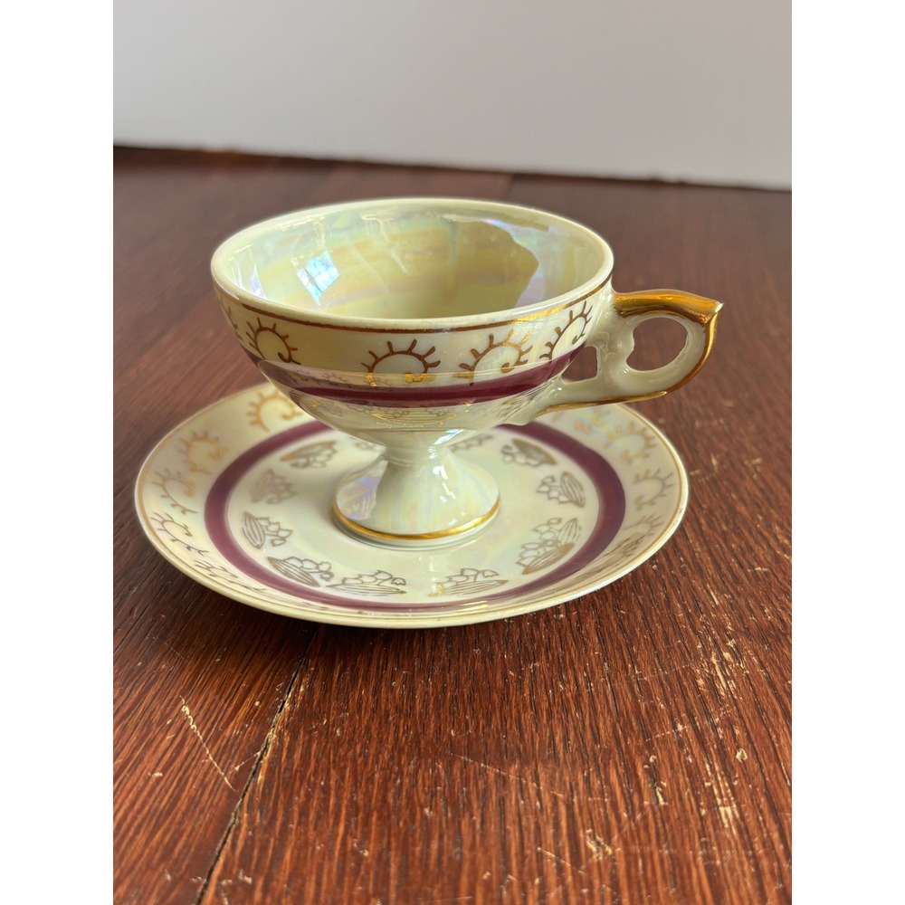 Vintage Art Deco Lusterware Footed Teacup Saucer Burgundy Gold Unmarked